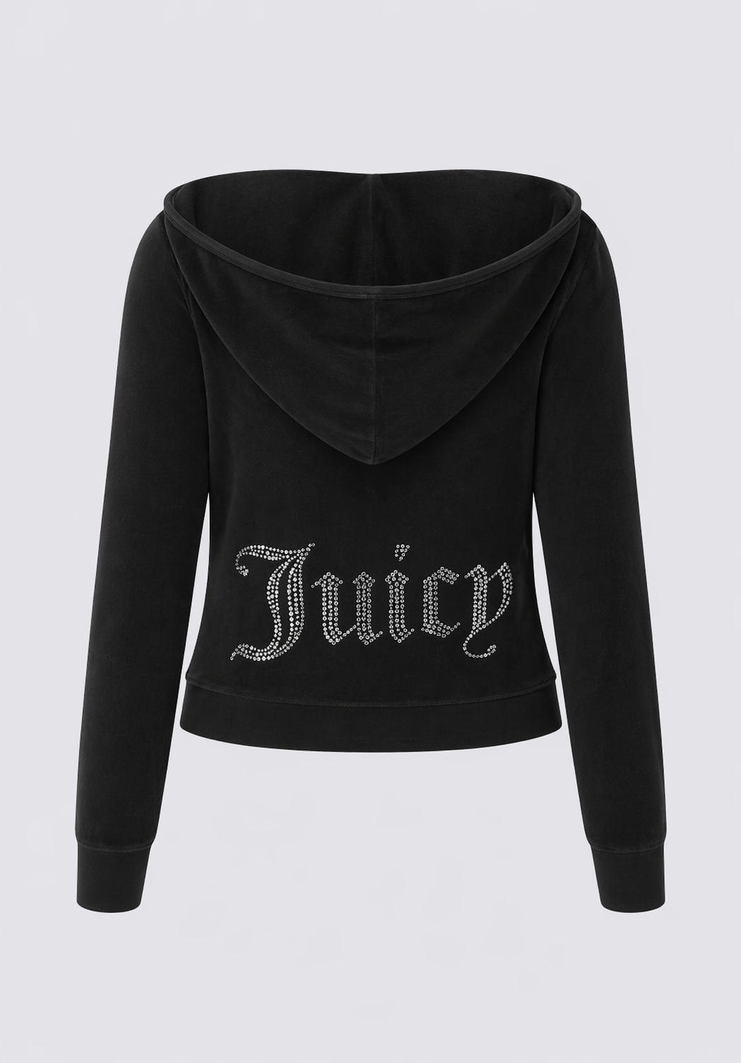 The Big Bling Washed Terry Hoodie is a black terry long-sleeve hoodie with a sparkling rhinestone "Juicy" logo across the back and a gothic J-zip front.