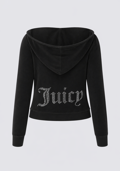 The Big Bling Washed Terry Hoodie is a black terry long-sleeve hoodie with a sparkling rhinestone "Juicy" logo across the back and a gothic J-zip front.