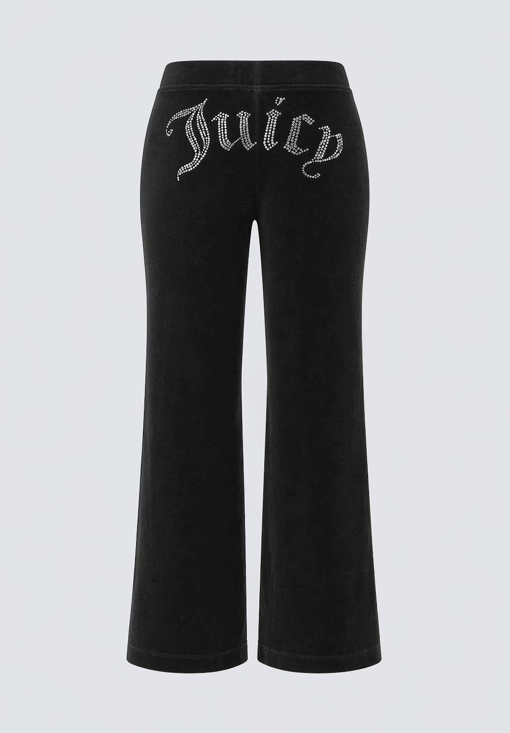 Back view of Big Bling Washed Terry Track Pants in black, featuring a rhinestone "Juicy" logo across the back waistband, with flared legs and a high-rise fit.