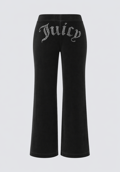 Back view of Big Bling Washed Terry Track Pants in black, featuring a rhinestone "Juicy" logo across the back waistband, with flared legs and a high-rise fit.