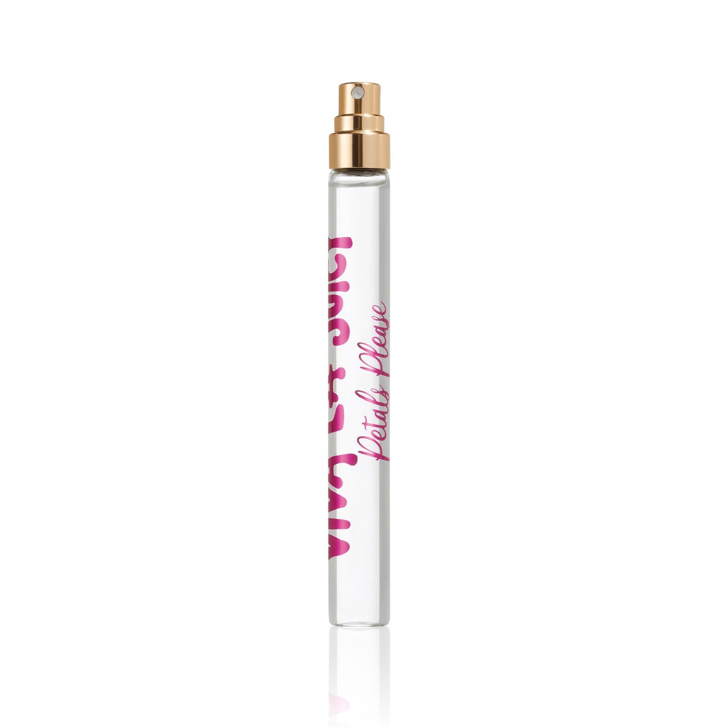 A clear glass Viva La Juicy Petals Please Eau de Parfum Travel Spray bottle with a gold nozzle and pink text, photographed on white, featuring a floral fruity essence inspired by Petals Please.