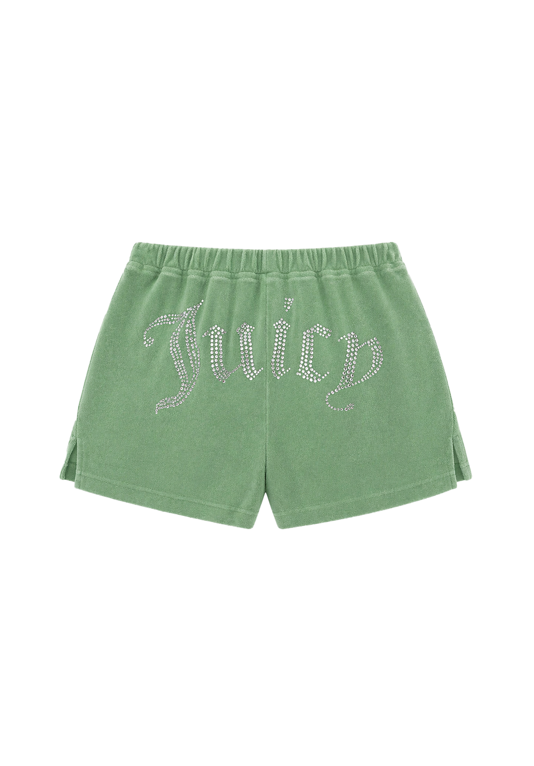 Big Bling Washed Terry Shorts in green velour terry, featuring an elastic waistband and a sparkling rhinestone Juicy logo across the back.