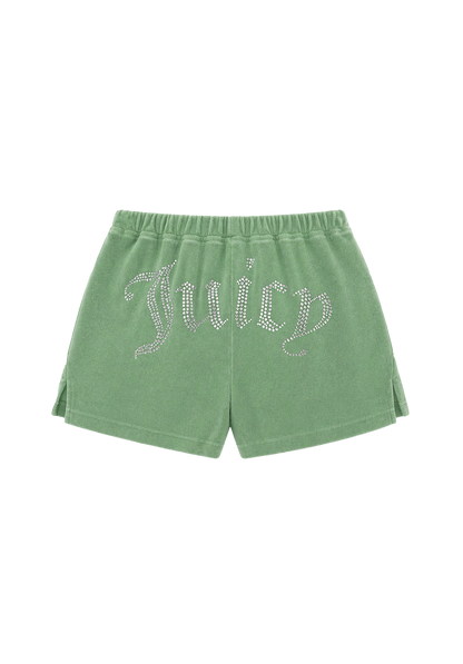 Big Bling Washed Terry Shorts in green velour terry, featuring an elastic waistband and a sparkling rhinestone Juicy logo across the back.