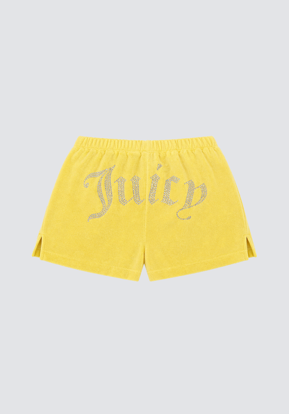 Big Bling Washed Terry Shorts in yellow, crafted from soft terry cloth with an elastic waistband, small side slits at the hem, and a rhinestone logo on the front. Shown on a plain light gray background.