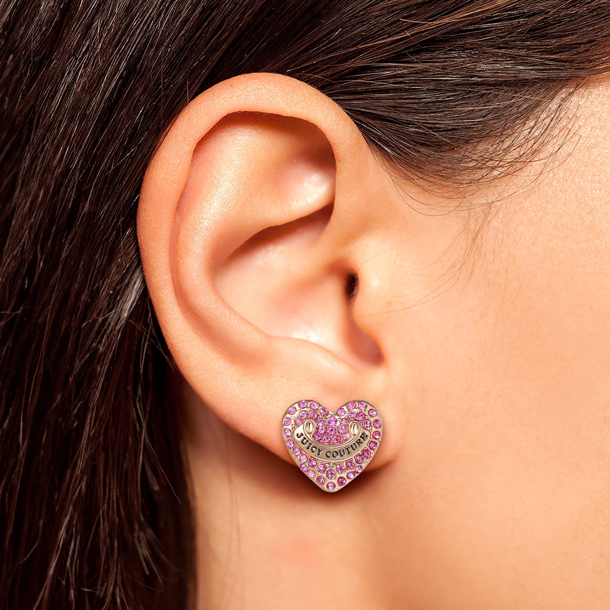Heart Stud Earrings with Crystal Accents - Pink Crystals - Juicy Couture