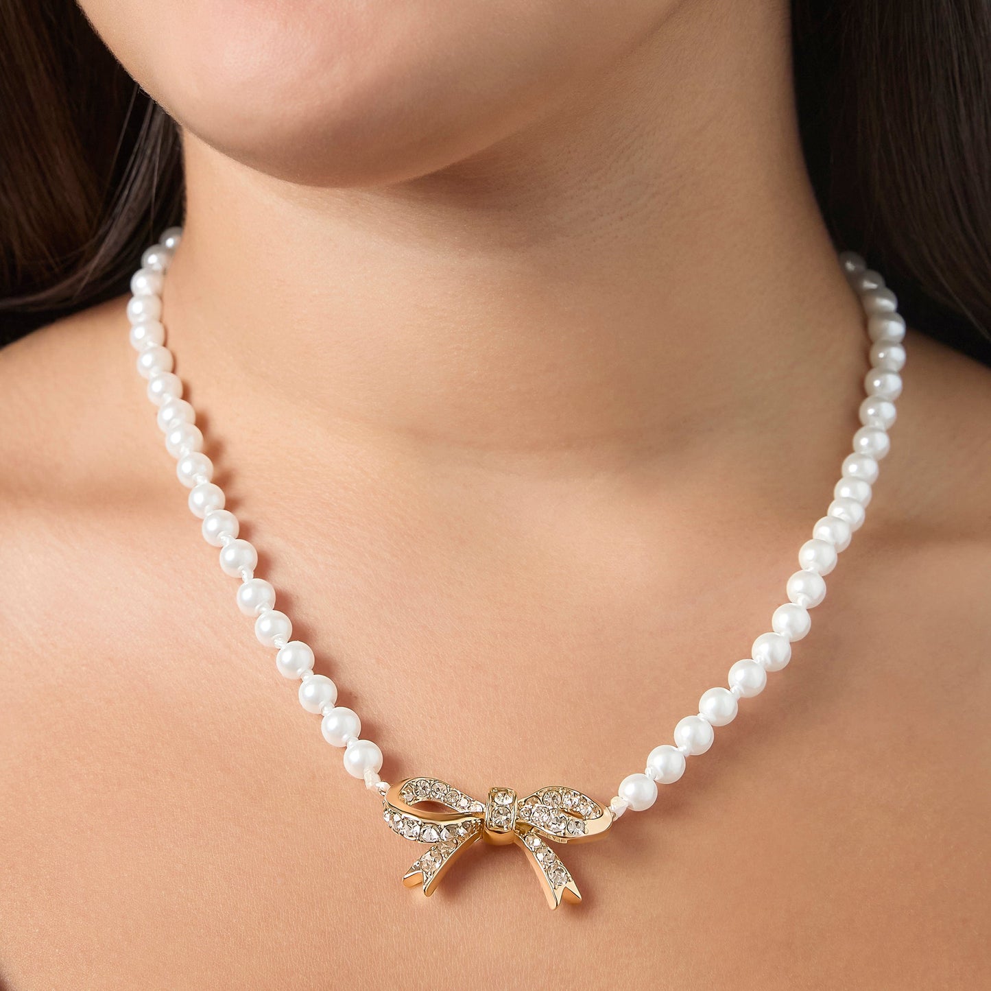 Pearl Necklace with Pavé Bow - Goldtone - Juicy Couture