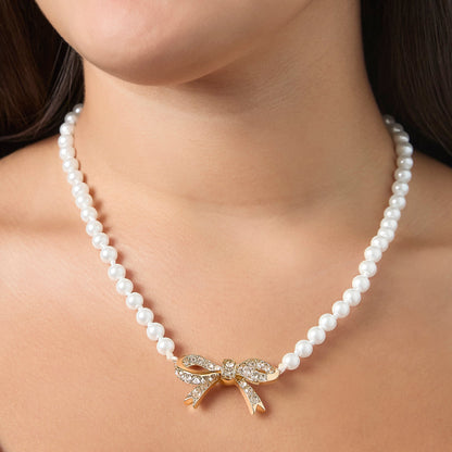 Pearl Necklace with Pavé Bow - Goldtone - Juicy Couture