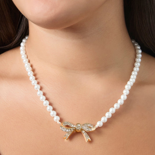 Pearl Necklace with Pavé Bow - Goldtone - Juicy Couture