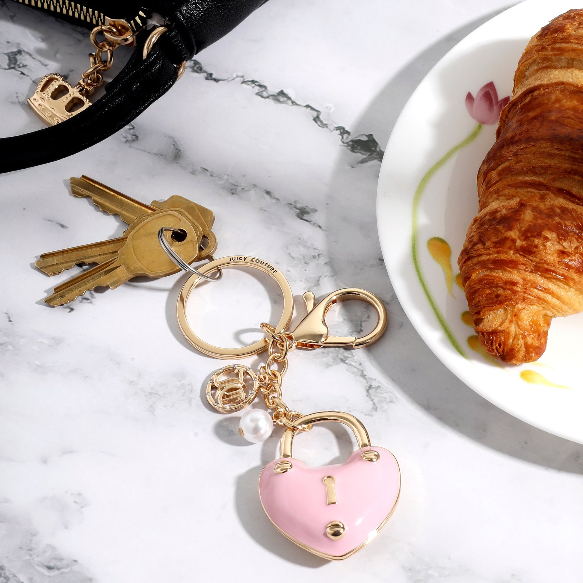 Pink Padlock Heart Keychain Bag Charm - Goldtone - Juicy Couture