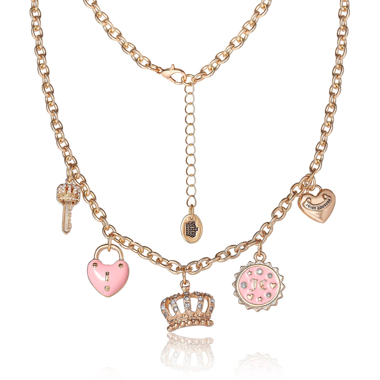 Charm Necklace with Pink Enamel Accents and Crystal Details - Goldtone - Juicy Couture