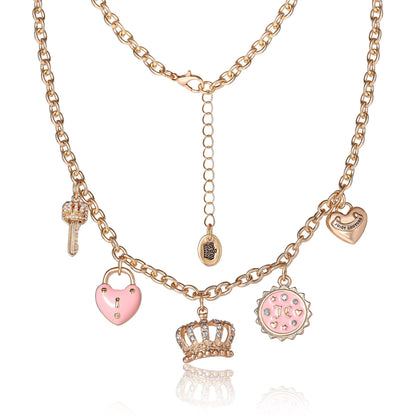 Charm Necklace with Pink Enamel Accents and Crystal Details - Goldtone - Juicy Couture