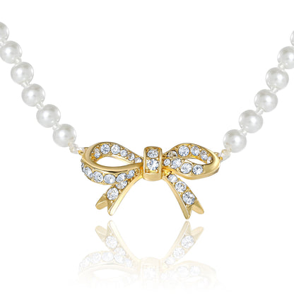 Pearl Necklace with Pavé Bow - Goldtone - Juicy Couture