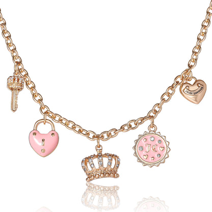 Charm Necklace with Pink Enamel Accents and Crystal Details - Goldtone - Juicy Couture