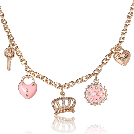 Charm Necklace with Pink Enamel Accents and Crystal Details - Goldtone - Juicy Couture