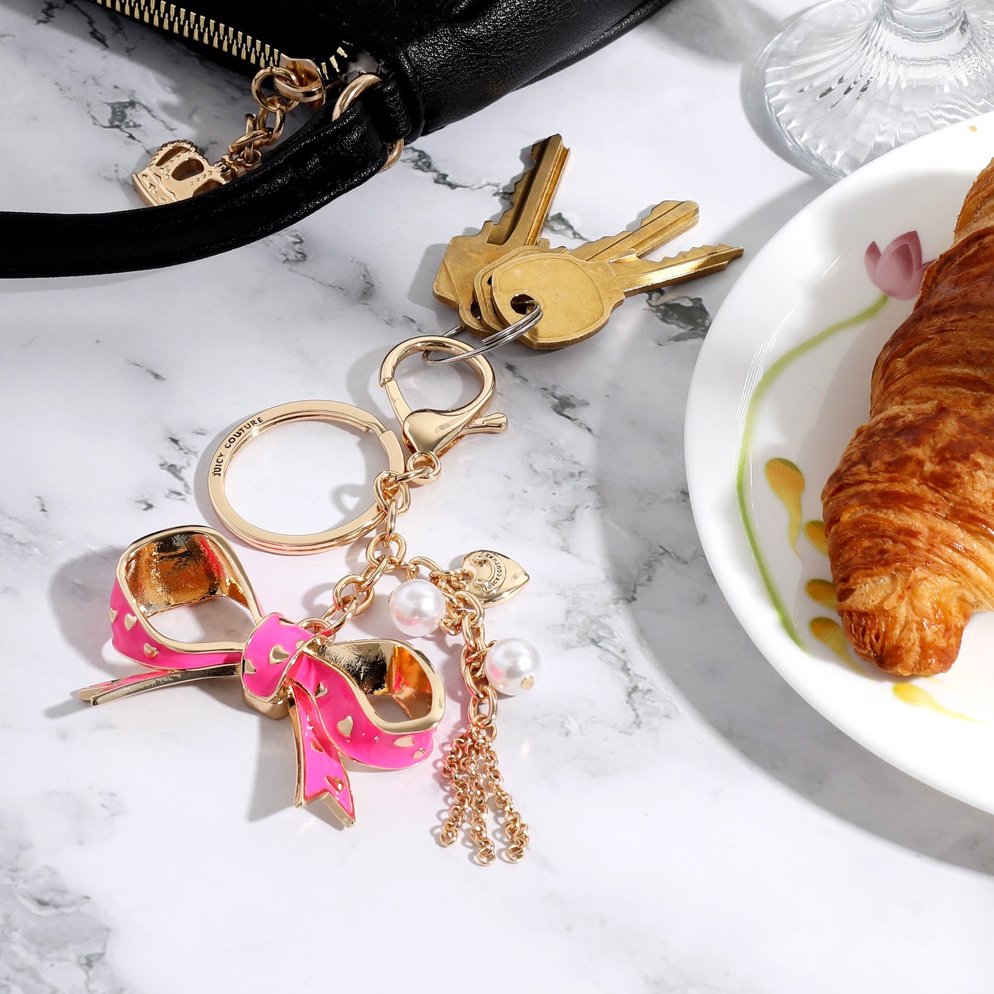Pink Enamel Heart Keychain Bag Charm - Goldtone - Juicy Couture