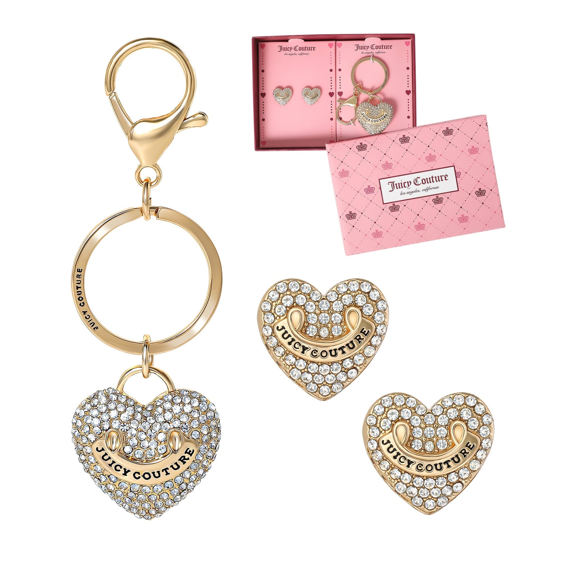 Gold-Tone Pave Heart Keychain Bag Charm & Earrings Set - Goldtone - Juicy Couture